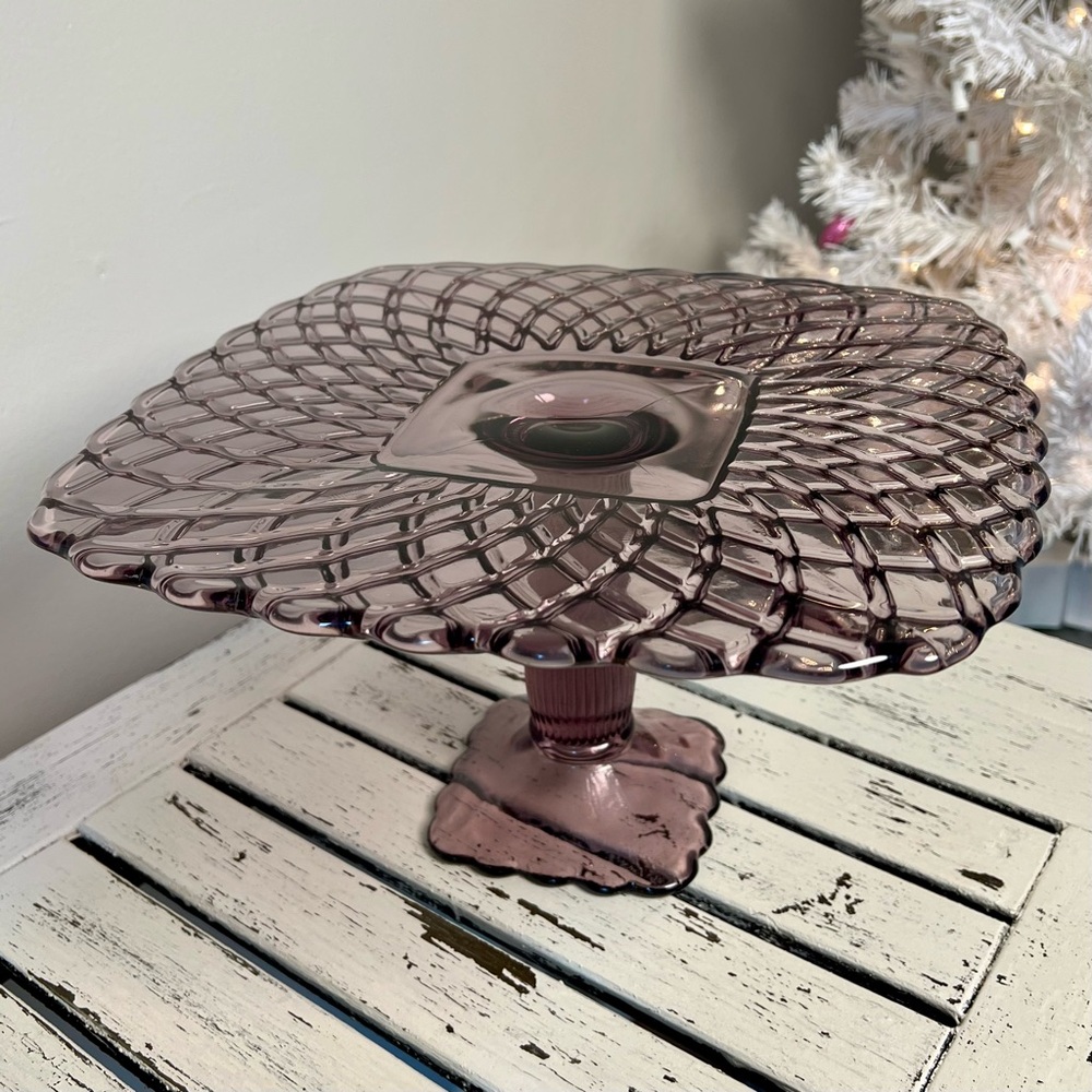 Vintage LE Smith Trellis Lavender Purple Square Pedestal Cake Plate Stand - Picture 10 of 15